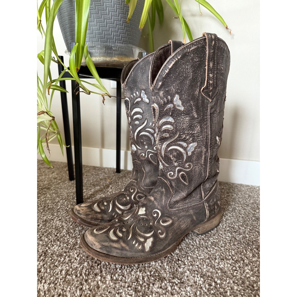 Roper Distressed Western Boots 10 Brown EUC Floral silver tone Inlay Square Toe